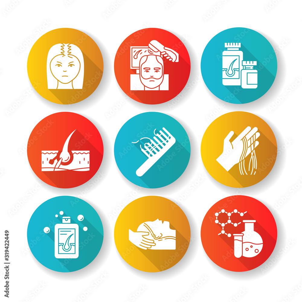 Hair loss flat design long shadow glyph icons set. Male alopecia and female balding. Trihoscopy diadnosis. Thinning hairline. Medicament, shampoo. Silhouette RGB color illustration Hair loss flat design long shadow glyph icons set. Male alopecia and female balding. Trihoscopy diadnosis. Thinning hairline. Medicament, shampoo. Silhouette RGB color illustration