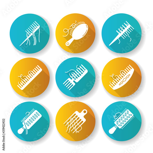 Hair loss flat design long shadow glyph icons set. Comb with hair. Alopecia, stress symptom. Hairbrush with strands. Dermatology, cosmetology. Haircare problem. Silhouette RGB color illustration