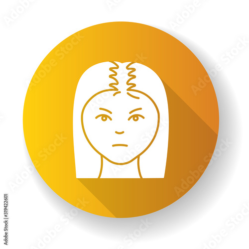 Female hair yellow flat design long shadow glyph icon. Woman with alopecia. Hairloss problem. Dermatology and beauty treatment. Unhealthy scalp condition. Silhouette RGB color illustration