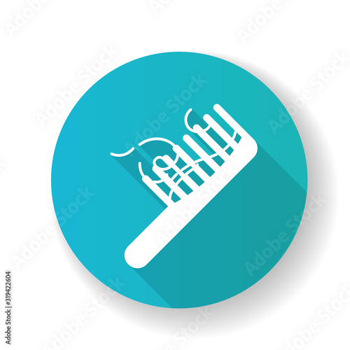 Hairbrush blue flat design long shadow glyph icon. Сomb with hair strands. Hairloss problem. Dermatology issue. Thinning and falling hair. Alopecia and balding. Silhouette RGB color illustration