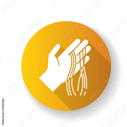 Hair strands on hand yellow flat design long shadow glyph icon. Alopecia and hairloss. Dermatology and beauty issue. Hair health problem. Stress and anxiety symptom. Silhouette RGB color illustration