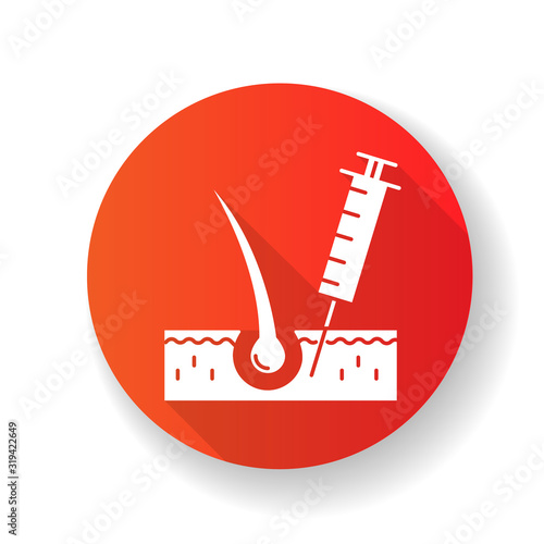 Hairloss injection red flat design long shadow glyph icon. Professional alopecia treatment. Medical therapy for baldness problem. Haircare and dermatology. Hair root. Silhouette RGB color illustration