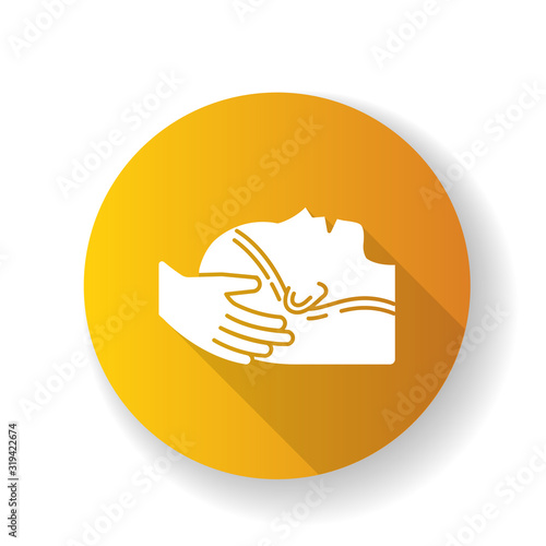 Physiotherapy yellow flat design long shadow glyph icon. Hairloss treatment. Woman with alopecia therapy. Hairloss aid. Spa procedure. Cosmetology and dermatology. Silhouette RGB color illustration