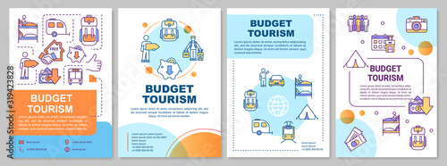 Budget tourism brochure template. Staying in hostel. Public transport. Flyer, booklet, leaflet print, cover design with linear icons. Vector layouts for magazines, annual reports, advertising posters