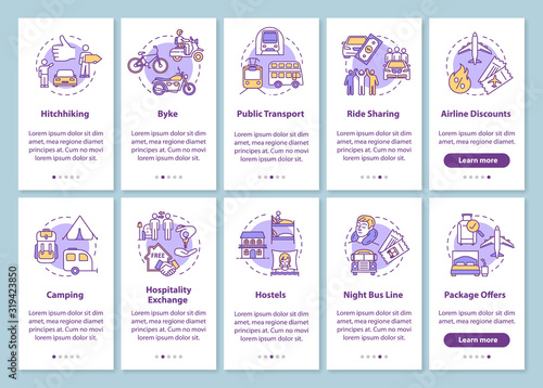 Transport and sleeping onboarding mobile app page screen with concepts. Hitchhiking and camping. Budget travel walkthrough steps graphic instructions. UI vector template with RGB color illustrations