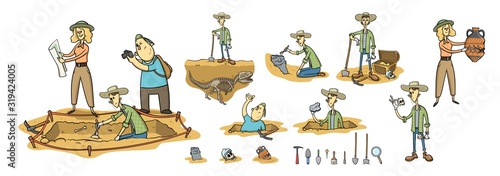 Archaeology, paleontology and treasure hunting, archaeologists on excavation site. Set of cartoon caracters and tools. Flat cartoon vector illustration, isolated on white background. photo