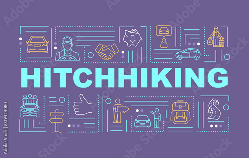 Hitchhiking word concepts banner. Budget travel. Auto stop. Money saving. Infographics with linear icons on eggplant background. Isolated typography. Vector outline RGB color illustration