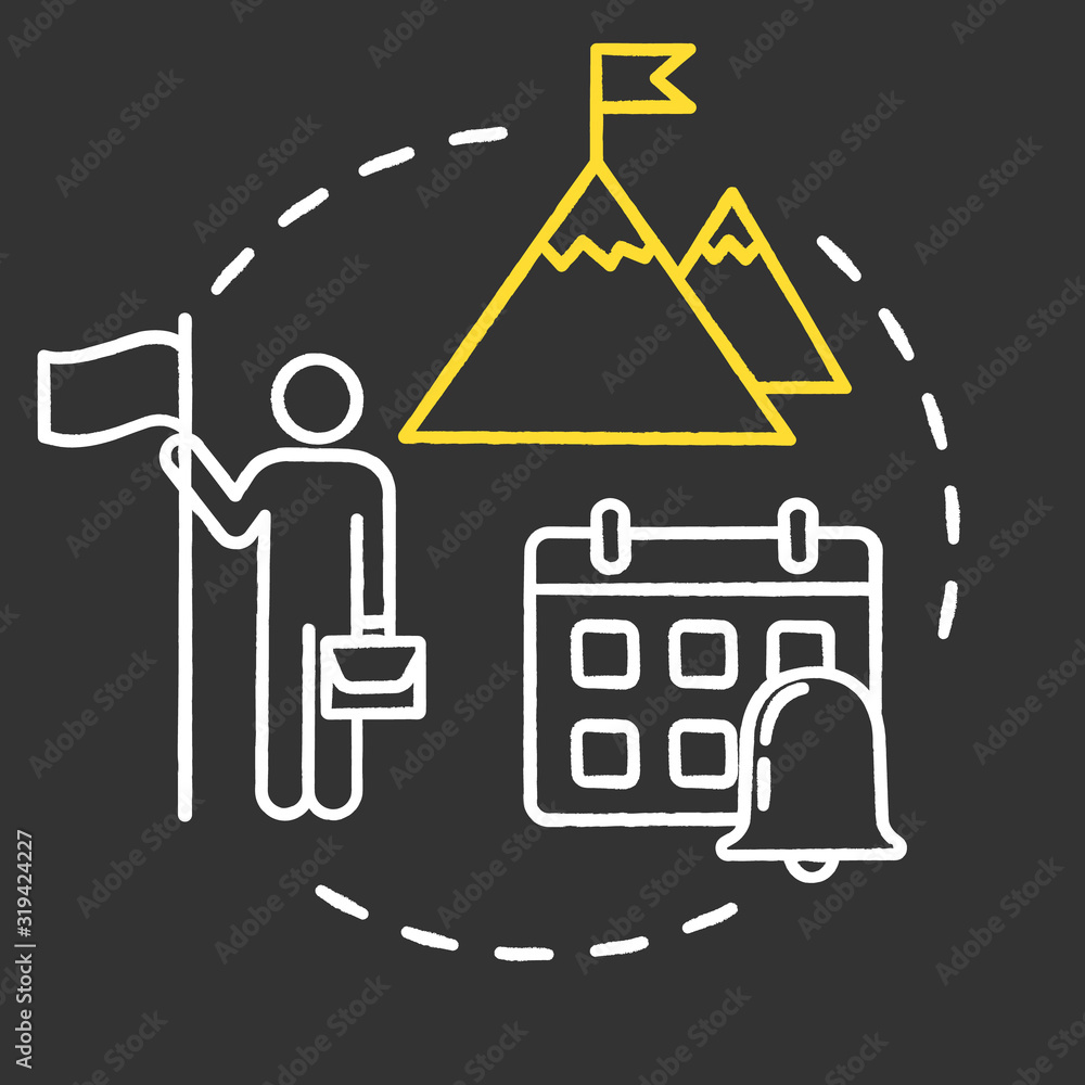 Long-term strategy chalk RGB color concept icon. Building goals. Setting resolution. Successful business. Smart planning idea. Vector isolated chalkboard illustration on black background Long-term strategy chalk RGB color concept icon. Building goals. Setting resolution. Successful business. Smart planning idea. Vector isolated chalkboard illustration on black background