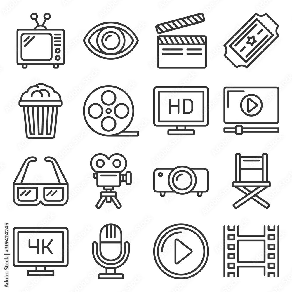 Movie Cinema Icons Set. Line Style Vector Movie Cinema Icons Set. Line Style Vector