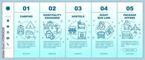 Budget accommodations onboarding vector template. Hostels, night bus line, camping and package offers. Responsive mobile website with icons. Webpage walkthrough step screens. RGB color concept