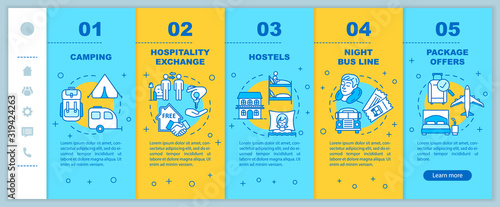 Affordable recreation onboarding vector template. Low cost rest on vacation, inexpensive tourism. Responsive mobile website with icons. Webpage walkthrough step screens. RGB color concept