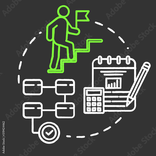 Actions chalk RGB color concept icon. Long-term plan. Climbing career ladder. Opportunities for success. Business management idea. Vector isolated chalkboard illustration on black background