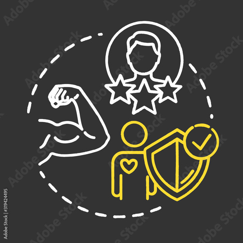 Build on strengths chalk RGB color concept icon. Healthcare. SWOT strategy. Premium membership for gym. Self-development idea. Vector isolated chalkboard illustration on black background
