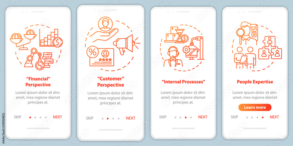 Financial perspective onboarding mobile app page screen with concepts. Targeting and economy. Marketing walkthrough 4 steps graphic instructions. UI vector template with RGB color illustrations