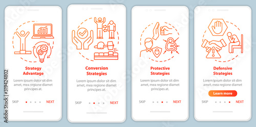 Strategy advantage onboarding mobile app page screen with concepts. Financially safe. Company walkthrough 4 steps graphic instructions. UI vector template with RGB color illustrations