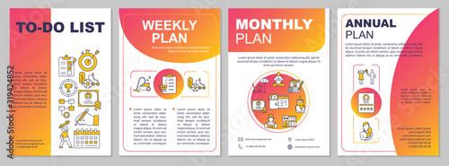 To do list brochure template. Weekly and monthly planning. Flyer, booklet, leaflet print, cover design with linear icons. Vector layouts for magazines, annual reports, advertising posters