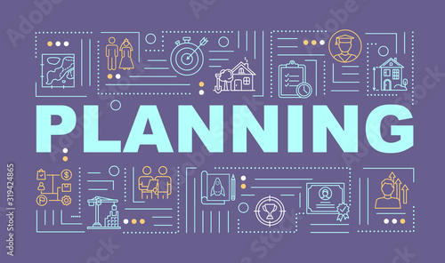 Project planning word concepts banner. Strategy building. Goal setting. Infographics with linear icons on dark purple background. Isolated typography. Vector outline RGB color illustration