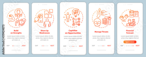 Building up strength onboarding mobile app page screen with concepts. Improve performance. Management walkthrough 5 steps graphic instructions. UI vector template with RGB color illustrations