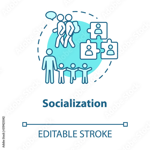 Socialization concept icon. Diversity in school group. Inclusive education. Adaptation to society. Communication idea thin line illustration. Vector isolated outline RGB color drawing. Editable stroke © bsd studio
