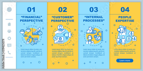 Financial perspectives onboarding vector template. Internal processes. People expertise. Customer support. Responsive mobile website with icons. Webpage walkthrough step screens. RGB color concept