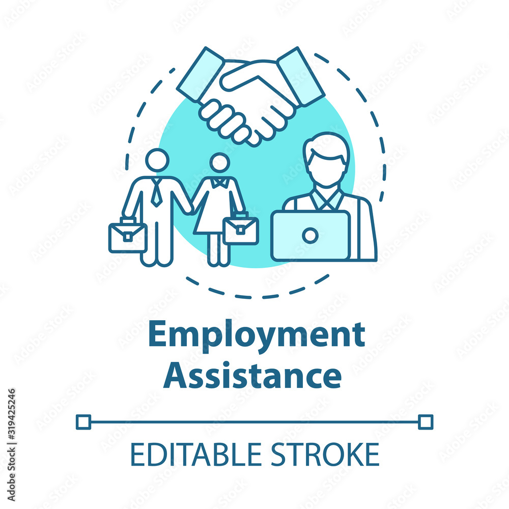 Employment assistance concept icon. Hiring for job. Career application. Graduate support. Vacancy application idea thin line illustration. Vector isolated outline RGB color drawing. Editable stroke Employment assistance concept icon. Hiring for job. Career application. Graduate support. Vacancy application idea thin line illustration. Vector isolated outline RGB color drawing. Editable stroke