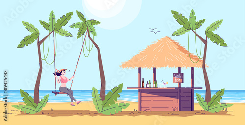 Woman on swing flat doodle illustration. Tourist next to beach bar. Girl having fun on sea shore. Exotic country. Seaside. Indonesia tourism 2D cartoon character with outline for commercial use