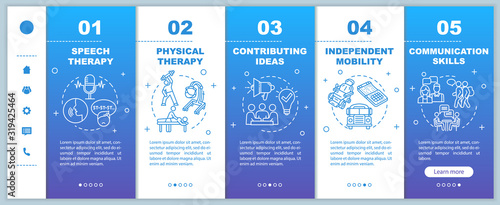 Inclusive education onboarding vector template. Speech and physical therapy. Independent mobility. Responsive mobile website with icons. Webpage walkthrough step screens. RGB color concept