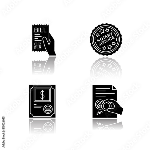 Notary services drop shadow black glyph icons set. Apostille and legalization. Notarized document. Stock certificate. Bill, receipt. Stamp. Validation. Isolated vector illustrations on white space