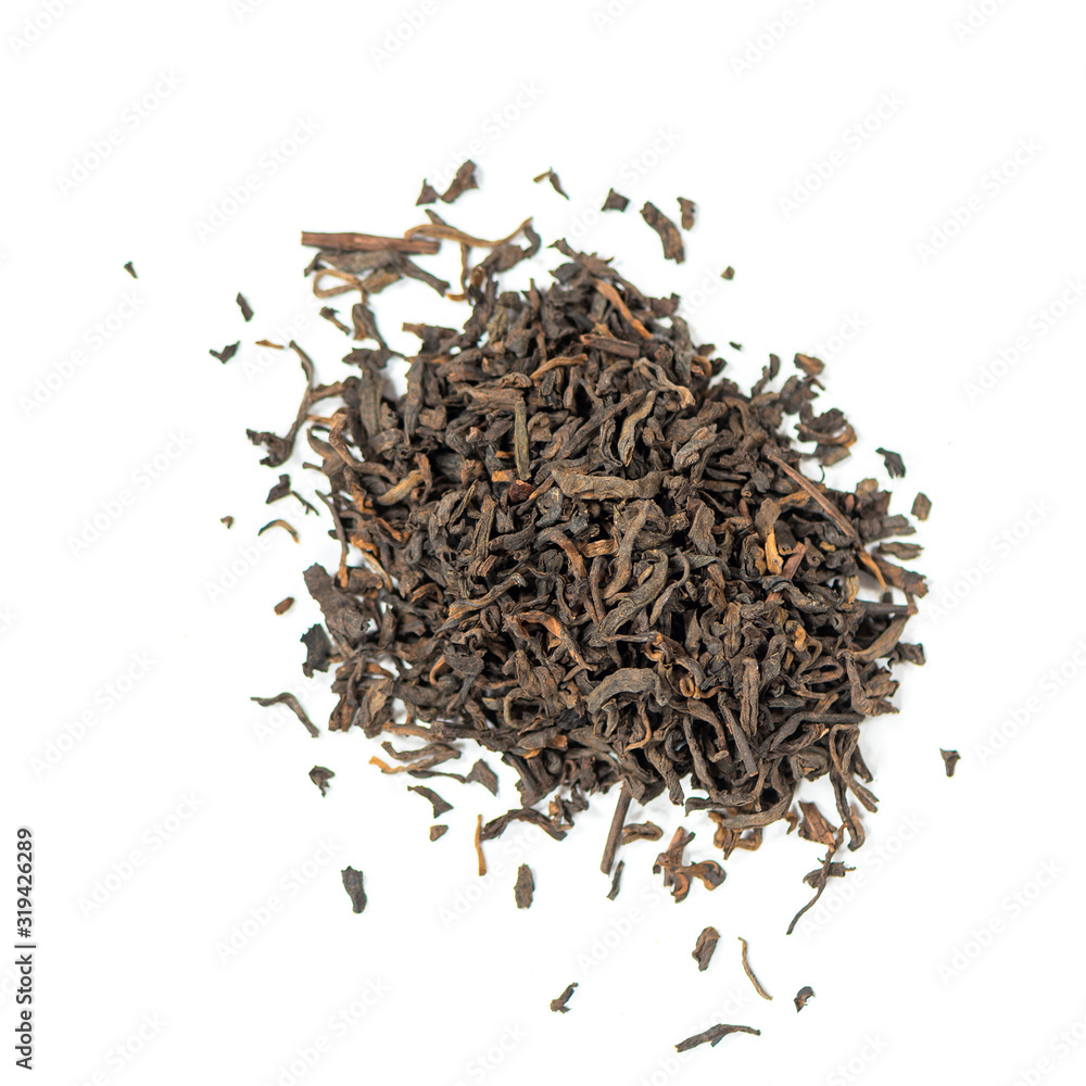 pile of natural whole leaf chinese Pu-erh tea isolated on white background pile of natural whole leaf chinese Pu-erh tea isolated on white background