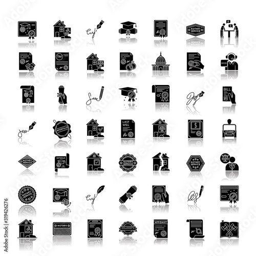Notary services drop shadow black glyph icons set. Apostille and legalization. Notarized document. Certificate. Courthouse. Real estate litigation. License. Isolated vector illustration on white space