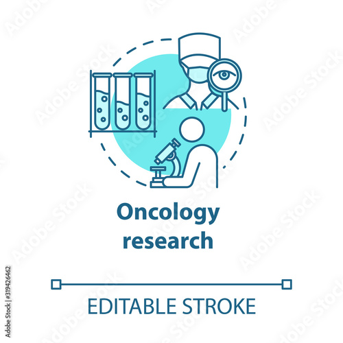 Oncology research concept icon. Laboratory chemical analysis. Medical study. Biotechnological experiments idea thin line illustration. Vector isolated outline RGB color drawing. Editable stroke