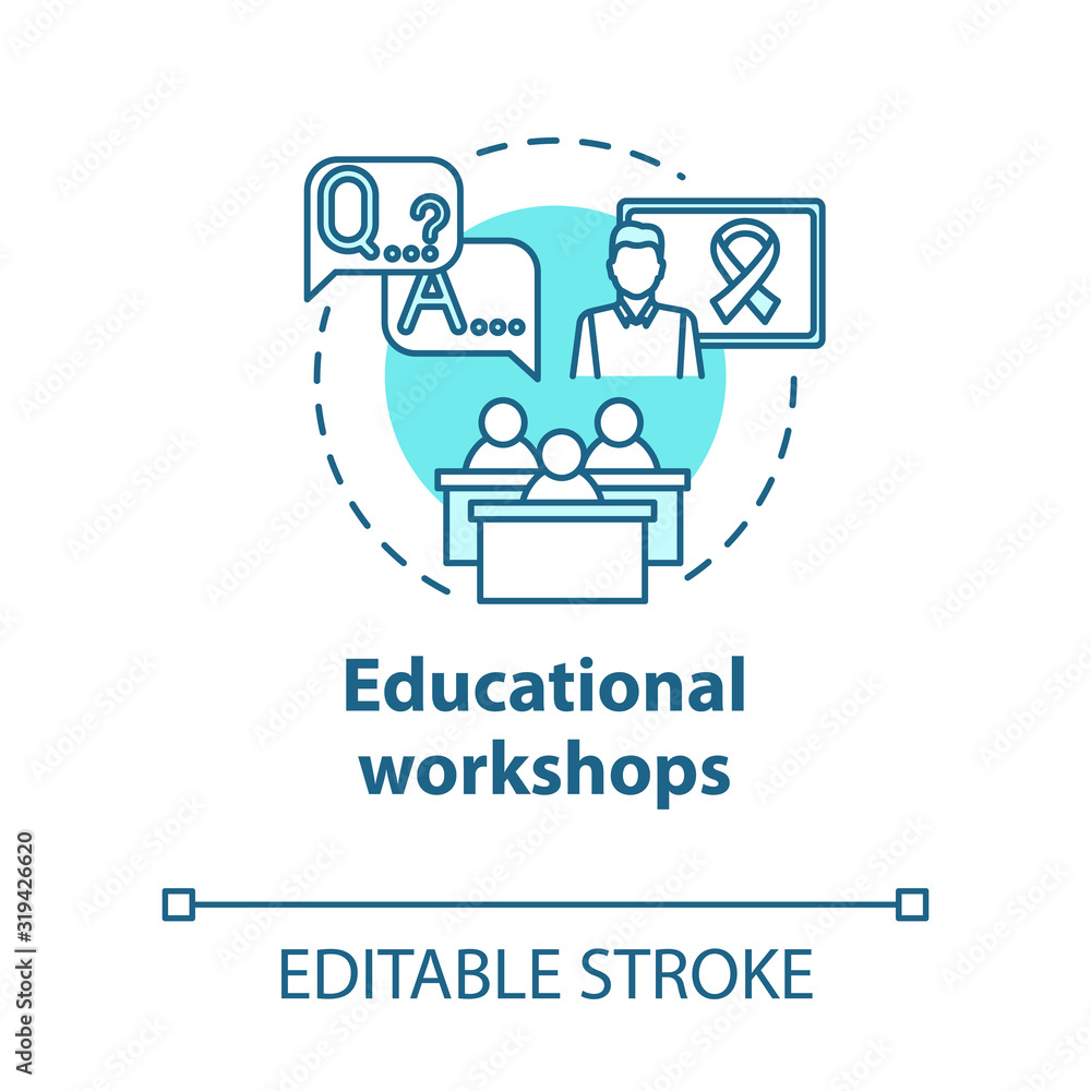 Educational workshops concept icon. Informing society about cancer, HIV. Patient support. Instructional courses idea thin line illustration. Vector isolated outline RGB color drawing. Editable stroke Educational workshops concept icon. Informing society about cancer, HIV. Patient support. Instructional courses idea thin line illustration. Vector isolated outline RGB color drawing. Editable stroke