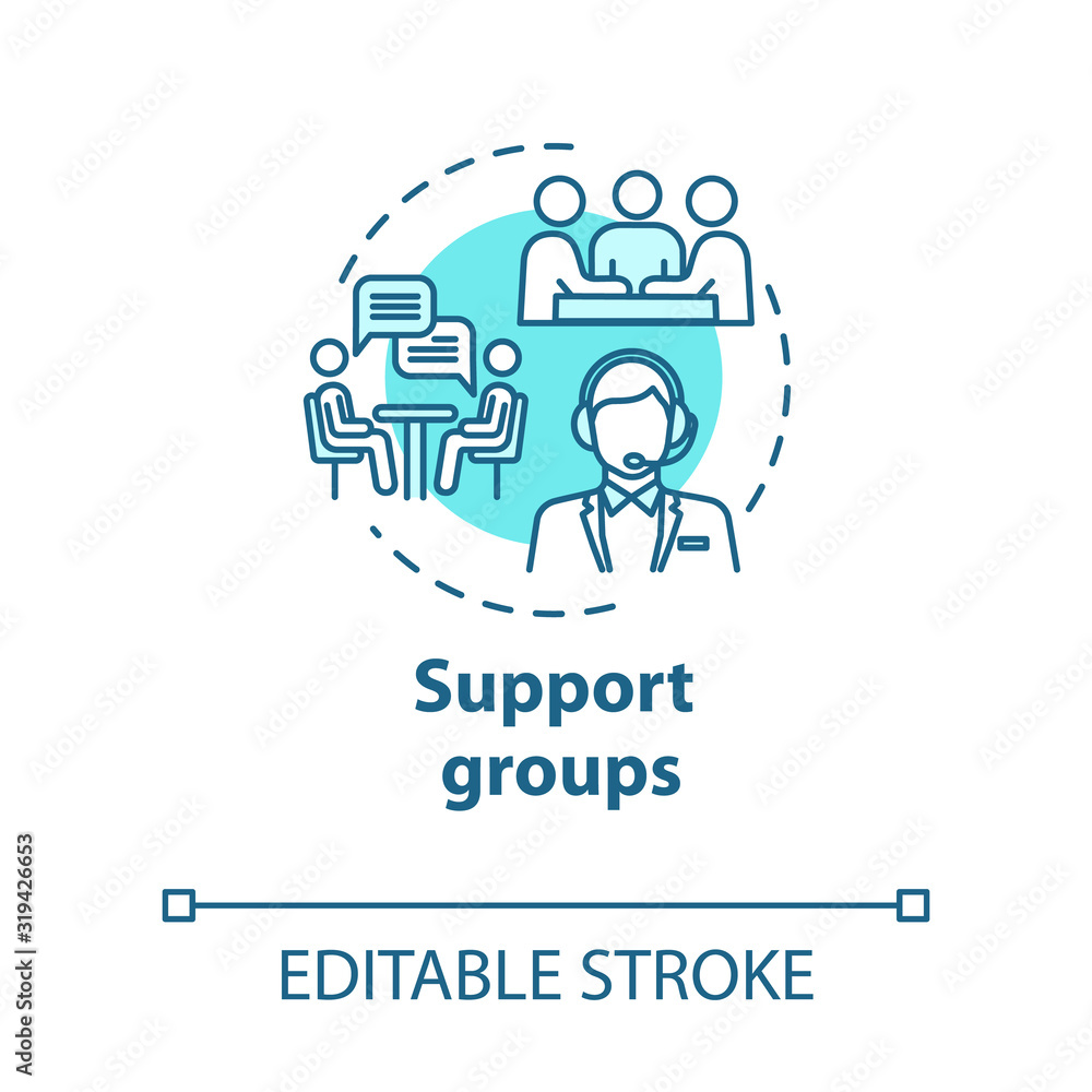 Support groups concept icon. Mutual help team. Psychological assistance organization. Therapeutic assistance idea thin line illustration. Vector isolated outline RGB color drawing. Editable stroke Support groups concept icon. Mutual help team. Psychological assistance organization. Therapeutic assistance idea thin line illustration. Vector isolated outline RGB color drawing. Editable stroke