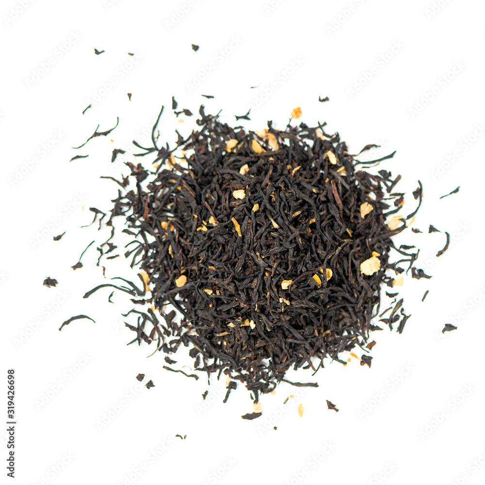pile of natural whole leaf black tea with segments of lemon zest and hops isolated on white background pile of natural whole leaf black tea with segments of lemon zest and hops isolated on white background