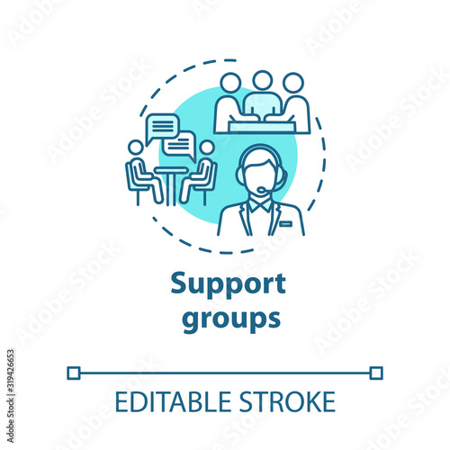 Support groups concept icon. Mutual help team. Psychological assistance organization. Therapeutic assistance idea thin line illustration. Vector isolated outline RGB color drawing. Editable stroke