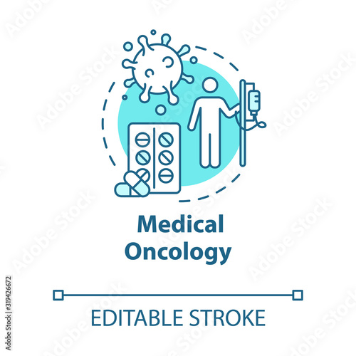 Medical oncology concept icon. Hospital virus therapy. Medication of tumor disease. Cancer treatment idea thin line illustration. Vector isolated outline RGB color drawing. Editable stroke