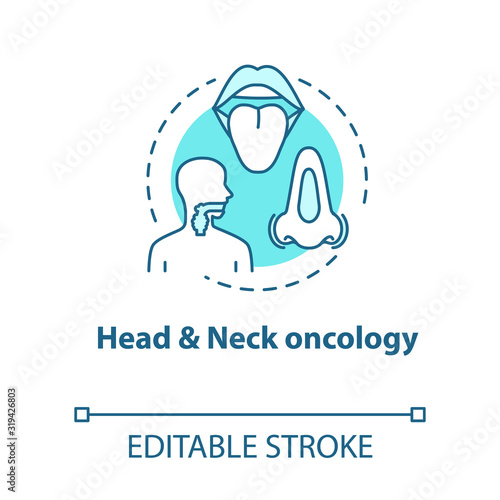 Head and neck oncology concept icon. ENT disorders. Diseases of ears, nose, and throat. Otorhinolaryngology idea thin line illustration. Vector isolated outline RGB color drawing. Editable stroke