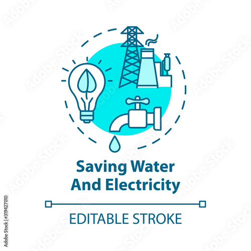 Saving water and electricity concept icon. Responsible resource consumption. Efficient usage. Ecology idea thin line illustration. Vector isolated outline RGB color drawing. Editable stroke