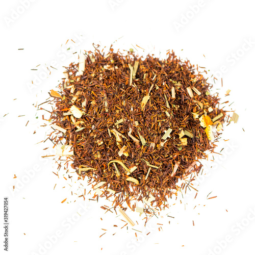 pile of natural rooibos tea contains  safflower, lemon grass, mint and orange petals