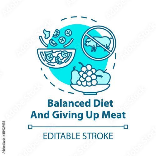 Balanced diet and giving up meat concept icon. No animal food. Nutritious diet. Organic meal. Going vegan idea thin line illustration. Vector isolated outline RGB color drawing. Editable stroke