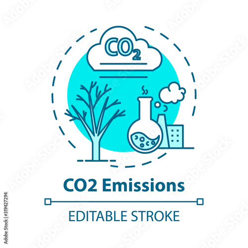 CO2 emission concept icon. Facility and factory production. Chemical pollution. Overconsumption idea thin line illustration. Vector isolated outline RGB color drawing. Editable stroke