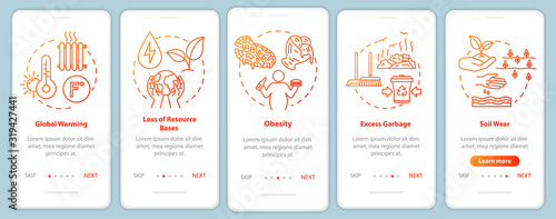 Overconsumption onboarding mobile app page screen with concepts. Global warming, soil wear. Consumerism walkthrough 5 steps graphic instructions. UI vector template with RGB color illustrations