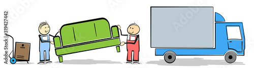 household moving concept with stickman workers transporting furniture and boxes to or from truck vector illustration