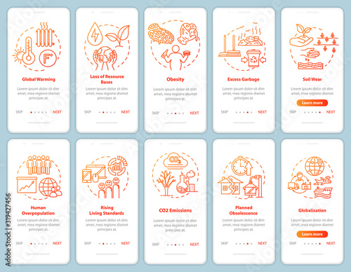 Overconsumption onboarding mobile app page screen with concepts. Environmental damage. Consumerism walkthrough 5 steps graphic instructions. UI vector template with RGB color illustrations