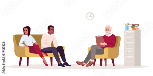Couple psychotherapy session semi flat RGB color vector illustration. Relationship struggle. Family issues. Marriage problems. Psychology consultation. Isolated cartoon character on white background