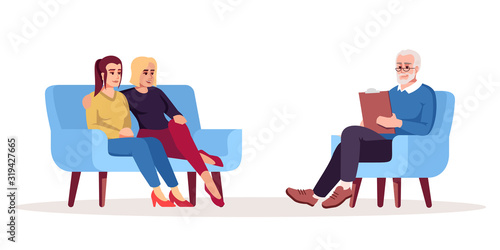 Fototapeta Naklejka Na Ścianę i Meble -  Psychotherapy session semi flat RGB color vector illustration. Same-sex marriage problems. Sibling relationship issues. Psychotherapy. Psychology consultation. Isolated cartoon character on white