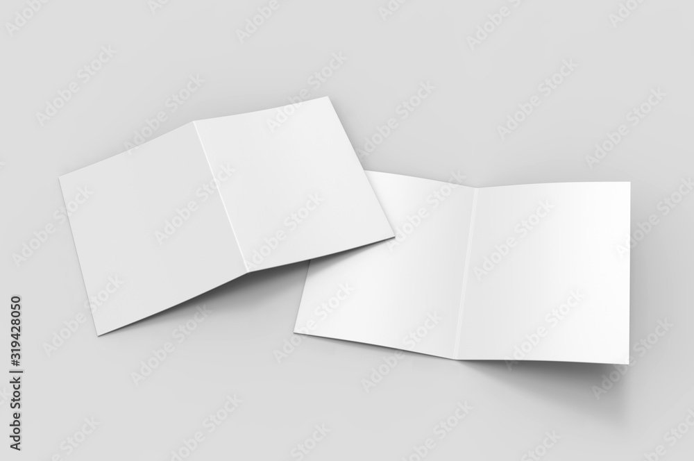 Blank bi fold card template, 3d render illustration. Blank bi fold card template, 3d render illustration.