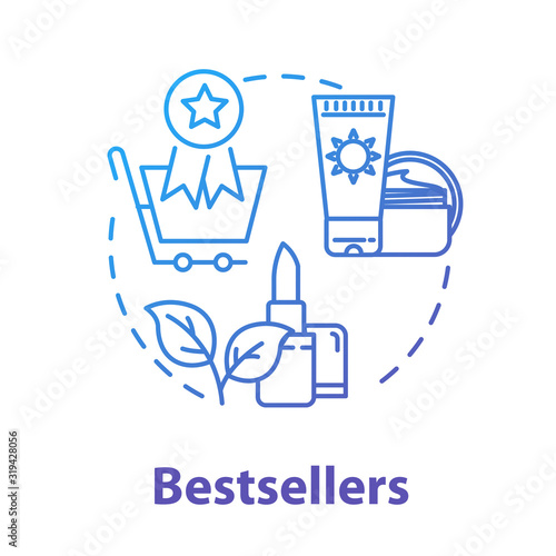 Bestsellers, popular cosmetics, beauty products concept icon. Makeup and skin care, recommended merchandise idea thin line illustration. Vector isolated outline RGB color drawing. Editable stroke