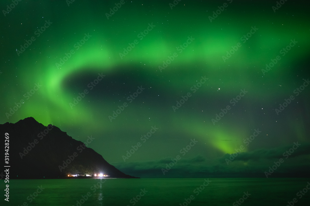 Aurora Borealis in Lofoten and Senja in Norway. Night photography with great sky.