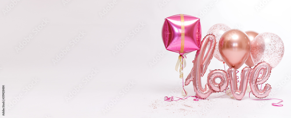 Stylish metallic pink balloons for Valentine's day, hen party or baby shower on a white background. The inscription Stylish metallic pink balloons for Valentine's day, hen party or baby shower on a white background. The inscription